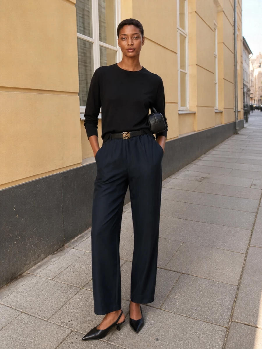 Loewe navy lounge trousers black knit heels