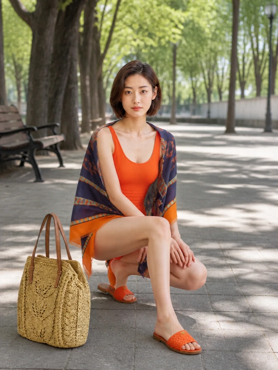 A saturated orange one-piece sits at the center of a warm, sun-drenched palette, mirrored by woven slides that keep the line sleek and unfussy. A softly structured straw tote introduces natural texture and ease, while the paisley scarf adds just enough pattern and depth without crowding the clean, sporty silhouette.