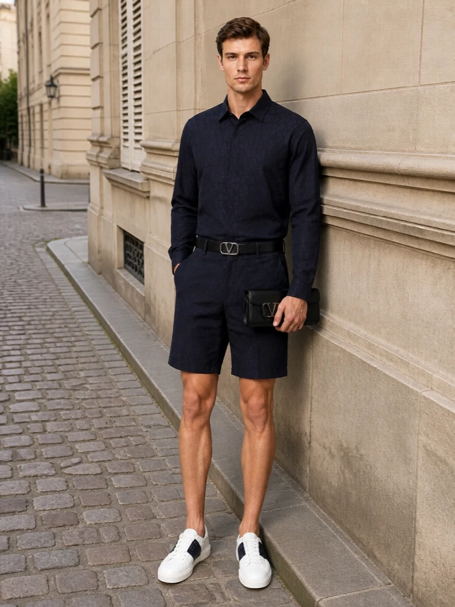 Valentino navy jacquard shorts shirt outfit