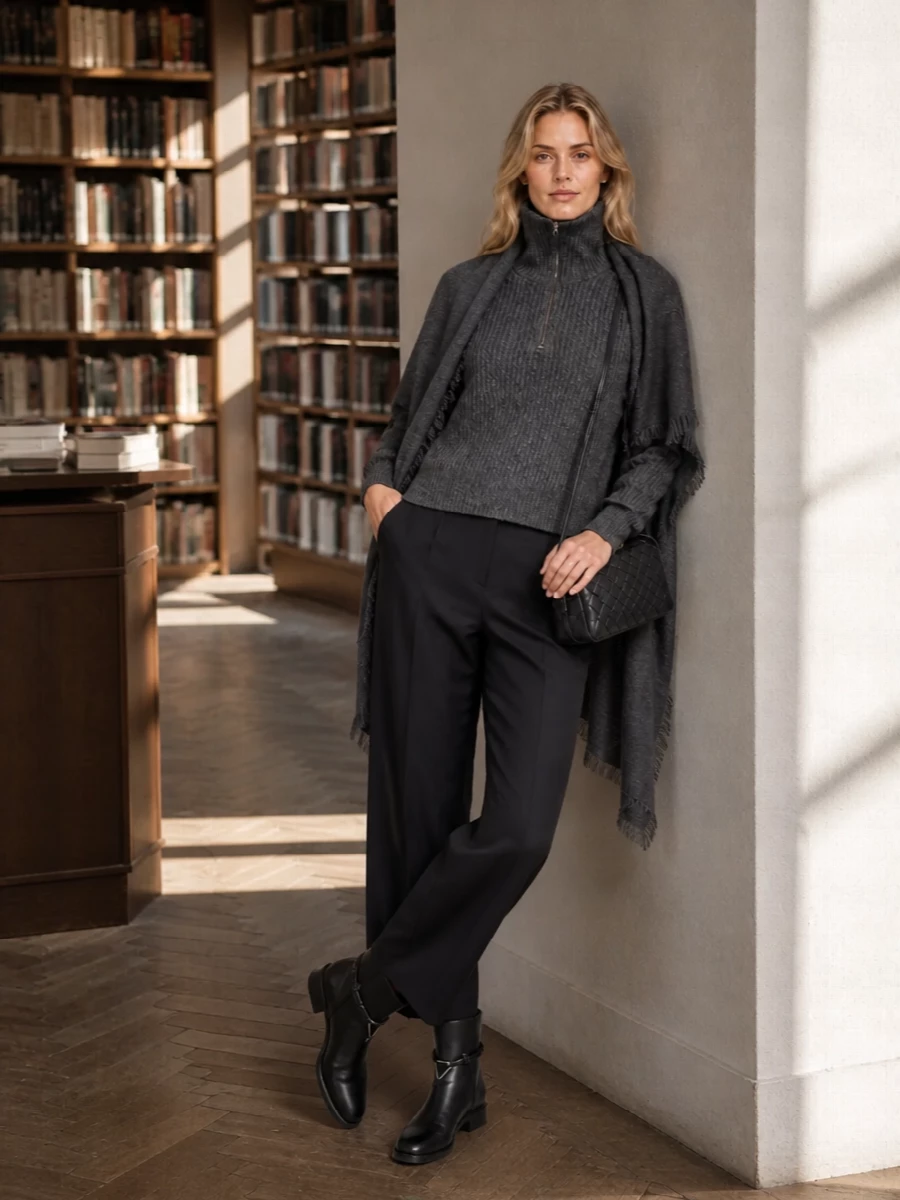 Charcoal tones stay front and center here, with the cropped turtleneck meeting a precise high-rise, wide-leg trouser for a sculptural yet relaxed winter silhouette. Sleek black ankle boots and a compact woven cross-body keep everything grounded and functional without breaking the minimalist line. A generous charcoal scarf adds just enough softness around the shoulders to keep the palette deep and cohesive.