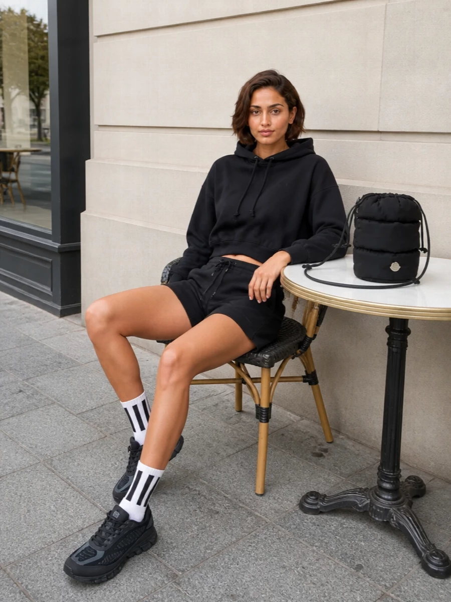 A monochrome sport set built around technical ease, this pairing keeps everything in a tight black and charcoal range for a quietly fast, urban feel. The cropped hoodie balances the relaxed shorts, while technical runners and a padded bucket bag underline the performance edge without losing polish.