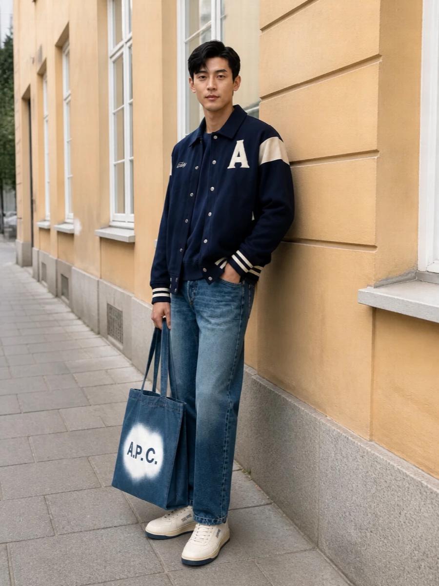 Autry varsity jacket apc jeans sneakers outfit