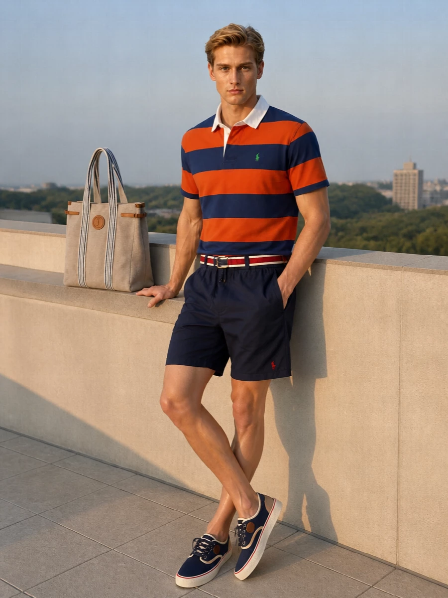 Bold rugby stripes stay front and center against clean navy deck shorts, keeping the energy collegiate but still pulled together. Navy canvas sneakers and a structured canvas tote pick up the blue and cream tones, giving the outfit a coastal, sport-preppy finish. A striped belt quietly links the colors, so everything feels intentional from brunch to weekend sideline duty.