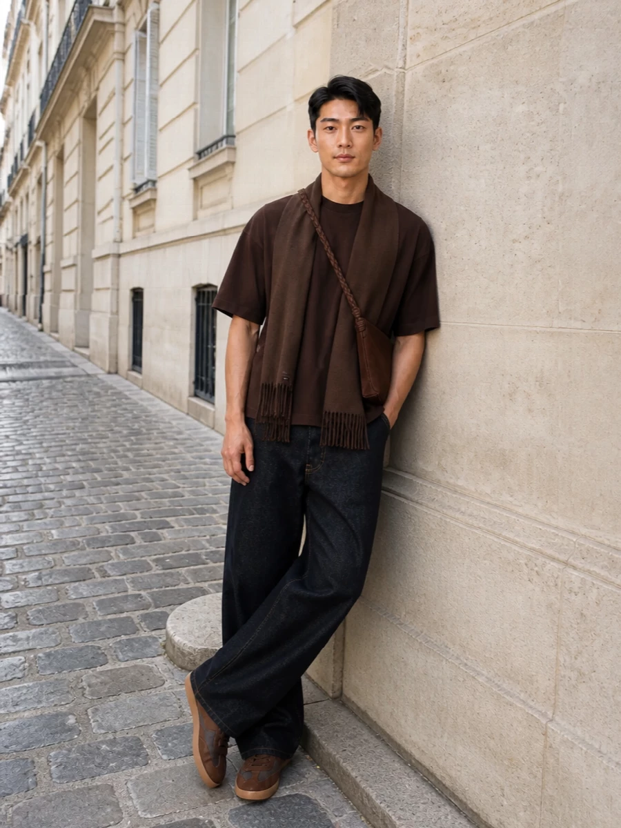 Dries van noten brown tee dark indigo jeans outfit