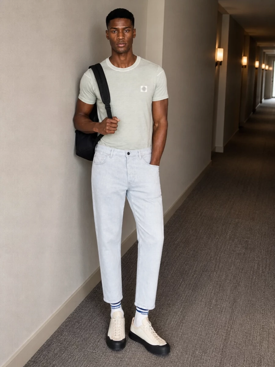 A soft sage tee sits over ice-grey denim for a pale, tonal take on Stone Island’s casual sport DNA. Neutral technical sneakers keep everything light and modern, while the black backpack and striped socks add just enough contrast for city days without breaking the minimalist palette.