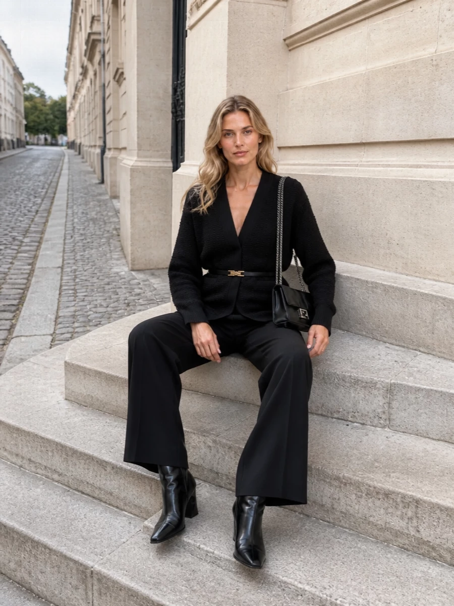 This look leans into Fendi’s quiet power: a textured black V‑neck cardigan cinched with a slim belt, paired with high-rise black wide-leg trousers for an elongated, architectural silhouette. Sculptural knee-high boots and a structured black FF flap bag keep the palette sharp and restrained, making the outfit ideal for FW days that slip straight into evening without needing to change a thing.