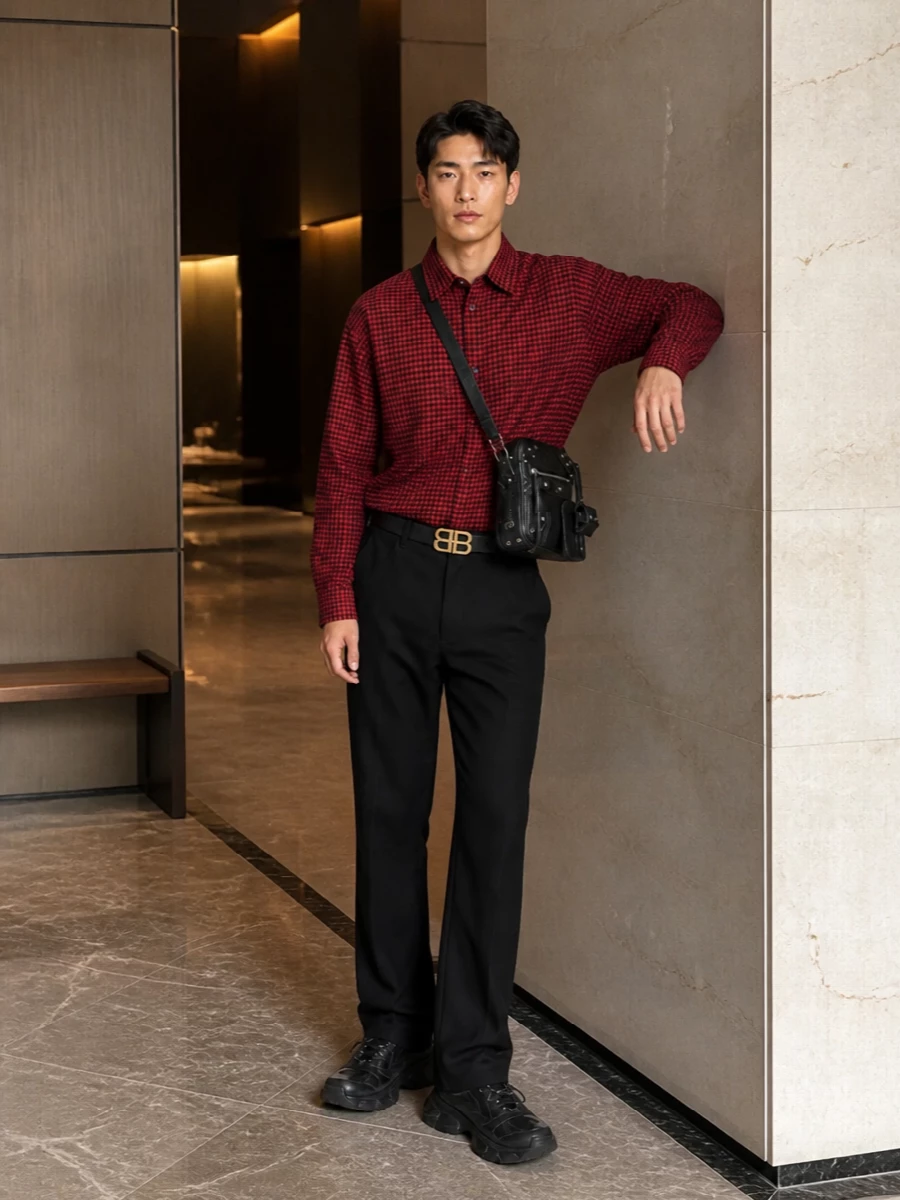 Balenciaga red check shirt black straight trousers