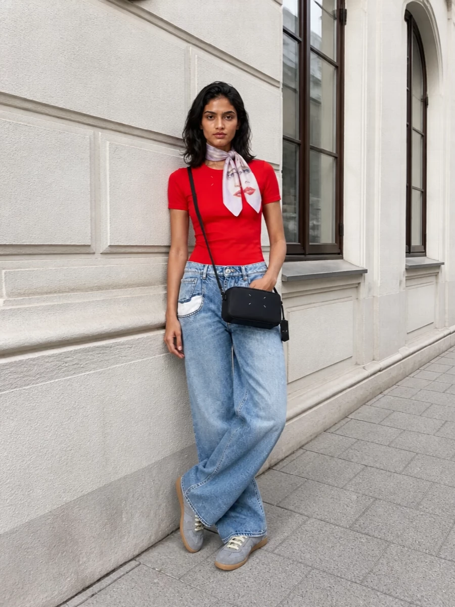 Vivid red and soft light-wash denim keep this Margiela pairing graphic yet unfussy, a clean uniform built around house signatures rather than loud logos. Grey sneakers and a black stitched crossbody ground the color, while the surrealist scarf adds just enough art-school tension to feel considered without tipping into costume.