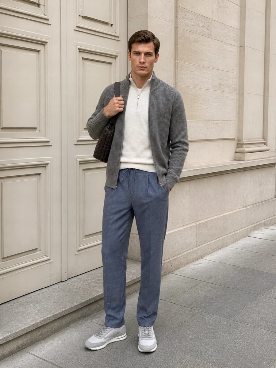 Brunello cucinelli grey knit zip jacket outfit
