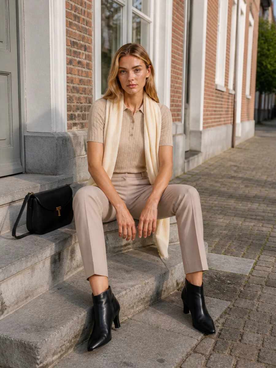 Toteme polo beige trousers black ankle boots