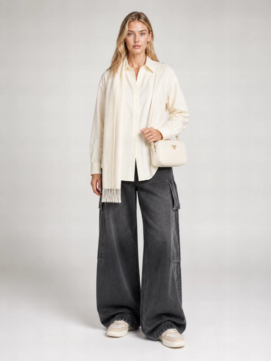 An ivory longline shirt falls over washed-charcoal wide cargo denim for a relaxed, street-inflected silhouette that still feels composed. Soft off-white sneakers and an ivory cross-body keep the palette clean and cohesive, with an ivory scarf adding hushed warmth and polish. The proportions stay modern by pairing dramatic volume on the leg with a simple, elongated top and compact accessories.