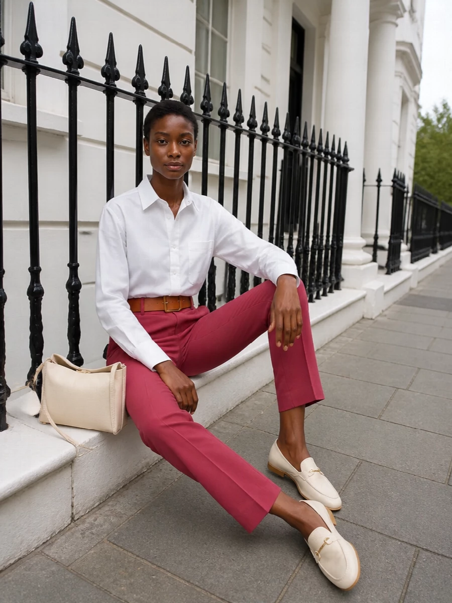 Raspberry tailoring is softened here with a crisp white shirt, creating a clean, confident base for city days. Cream loafers and a structured cream shoulder bag keep the palette light, while a tan belt quietly defines the waist and ties the colours together. The result is relaxed, quietly polished suiting that feels composed without stiffness.