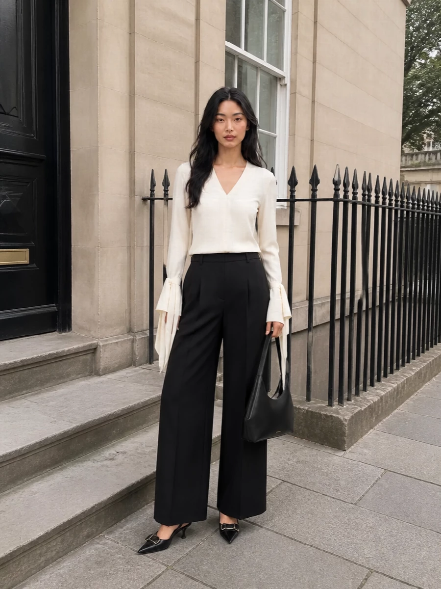 Givenchy ivory blouse black wide leg trousers
