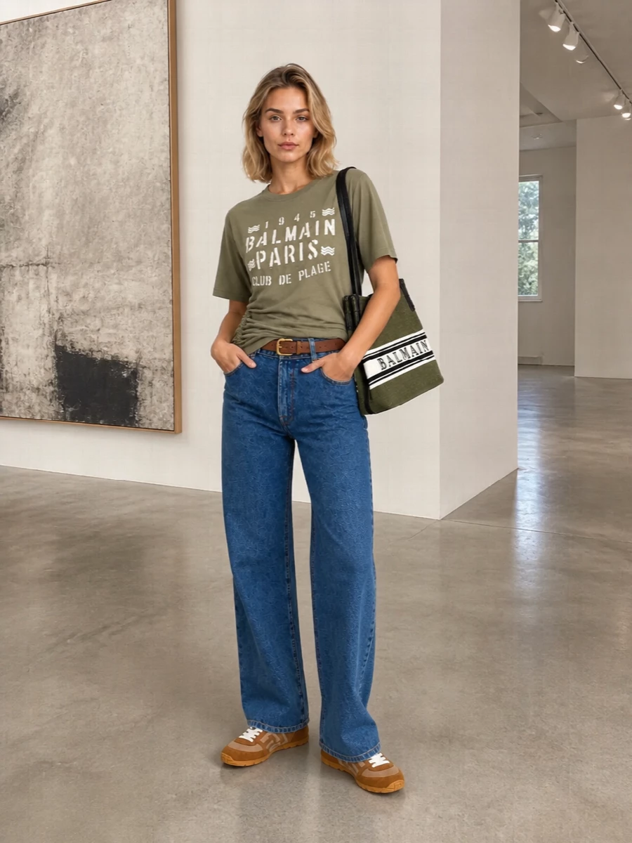 Balmain khaki logo tee straight jeans outfit