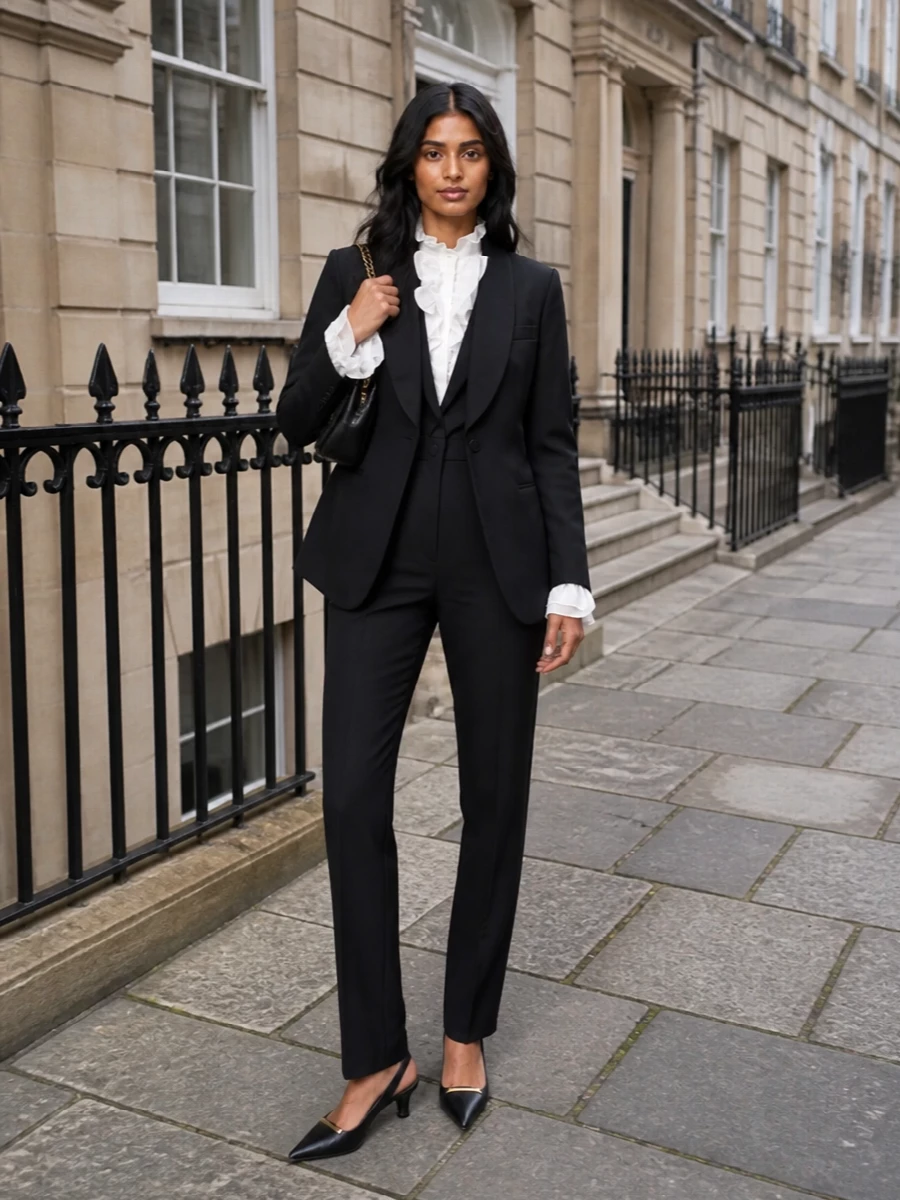 Here the Ralph Lauren tuxedo blazer becomes outerwear over a Stella McCartney tuxedo jumpsuit, so the body reads as one long, precise black line with subtle lapel play. A pointed Tod’s kitten slingback and the soft Burberry clutch keep the mood formal and polished without tipping into aggression, ideal for gallery dinners or modern black-tie where quiet authority matters more than shine.