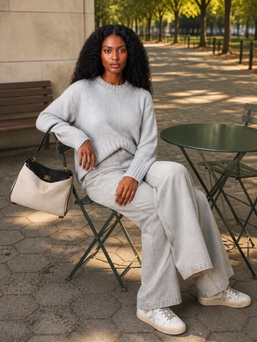 Tonal greys keep this city-sport pairing incredibly sharp, with The Attico’s asymmetric knit and sculptural wide-leg denim echoing the sneakers’ soft palette without feeling flat. The high waist and wide leg balance the low-top sneakers, while the structured Balenciaga bag adds just enough polish to take this from coffee runs to casual dinners. I chose top and trouser over a dress to play into proportion and movement, letting the sneakers stay central rather than disappearing under a single column of fabric.