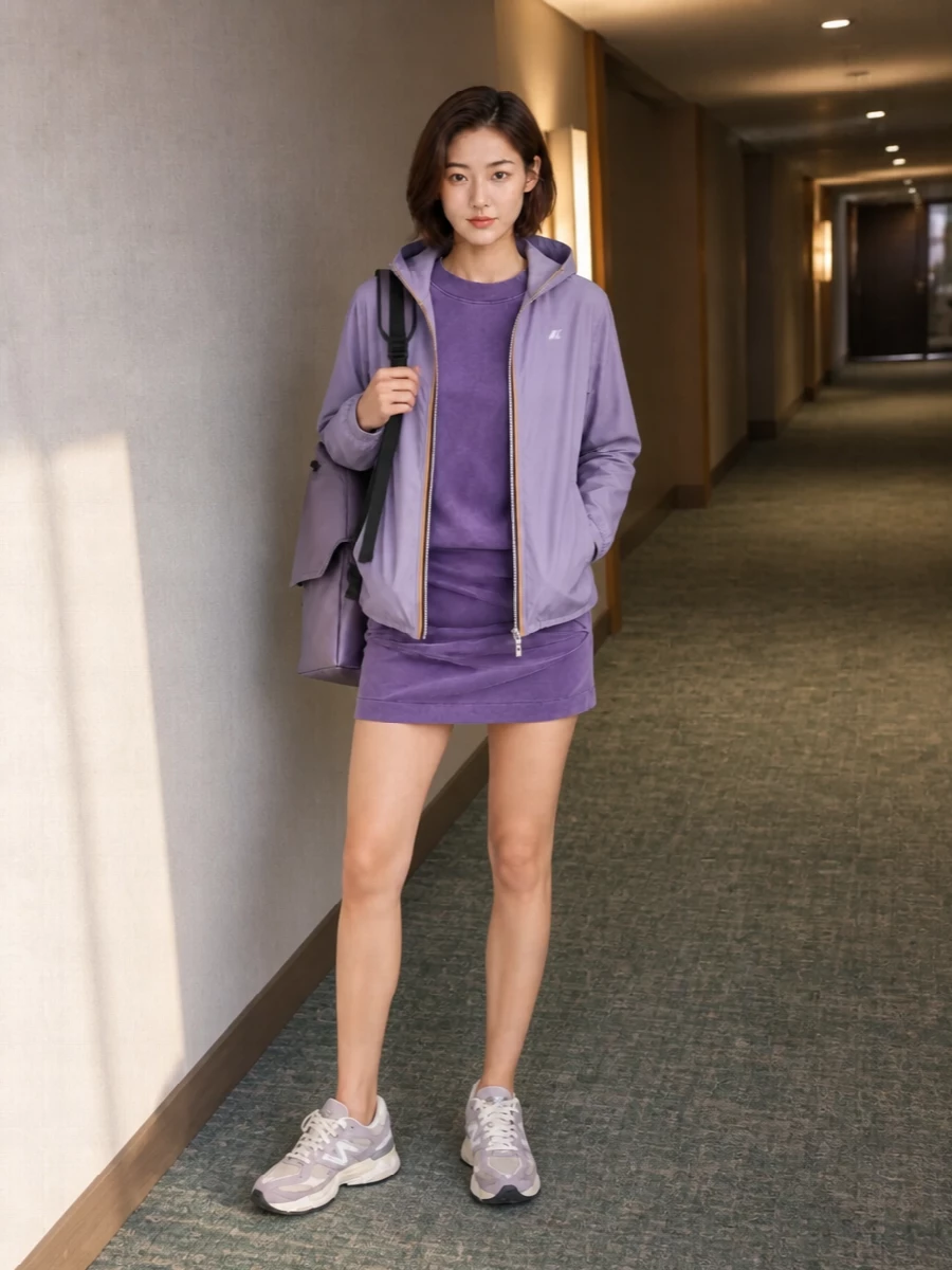 K way lilac jacket attico dress new balance sneakers