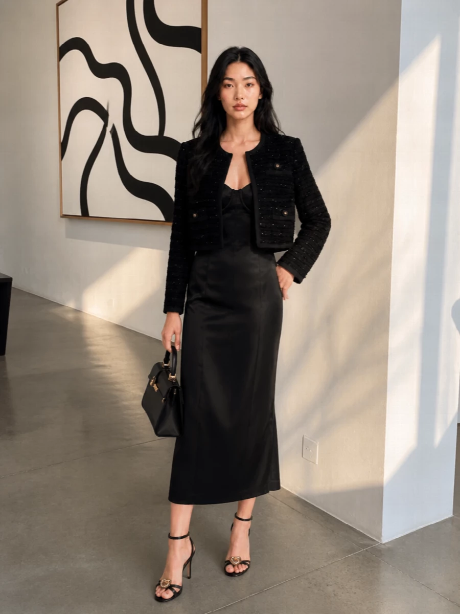 Dolce gabbana black satin midi dress outfit