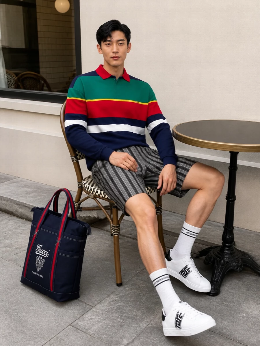 Versace rugby polo striped shorts white sneakers