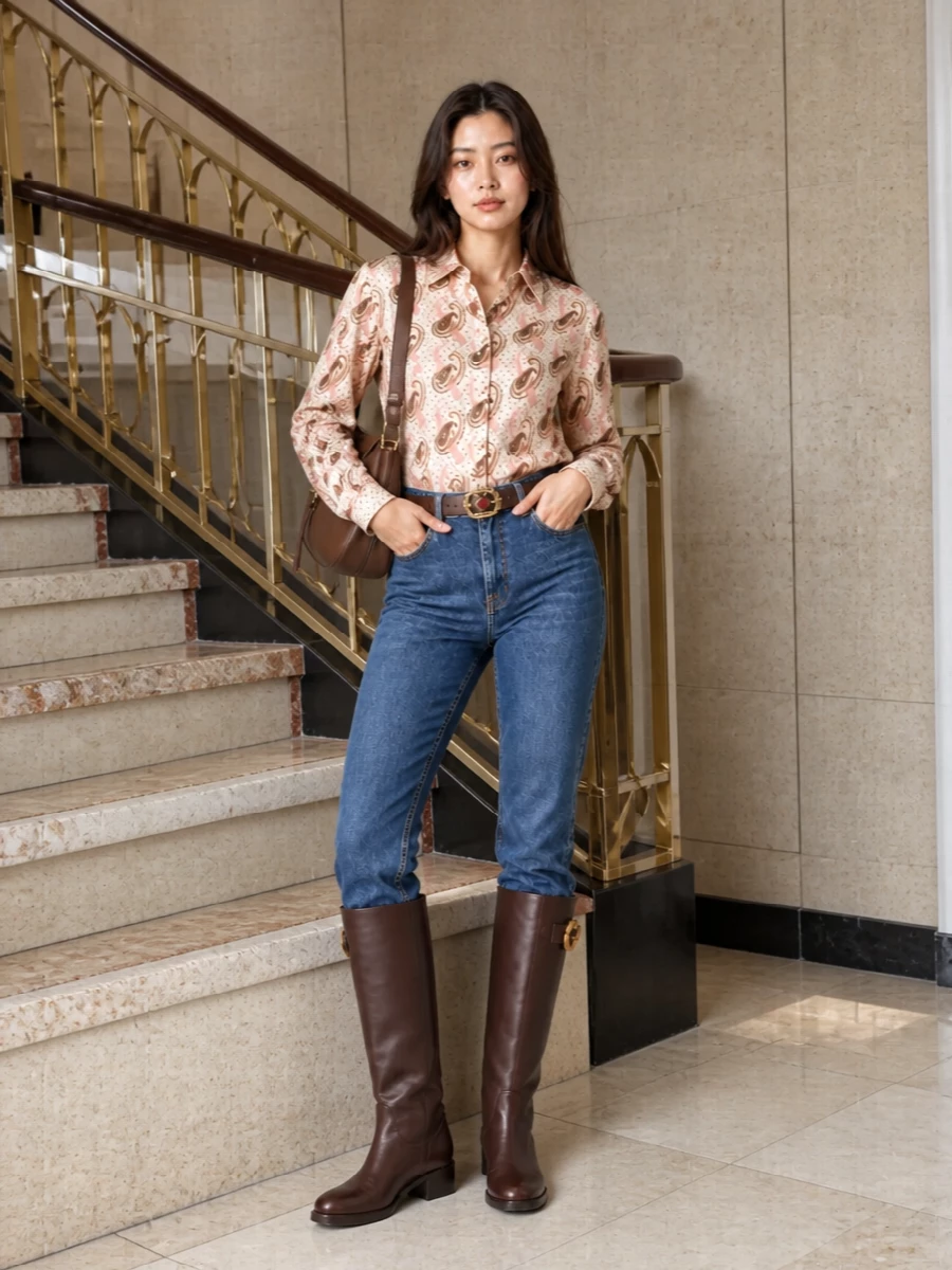 Etro paisley blouse jeans brown knee boots