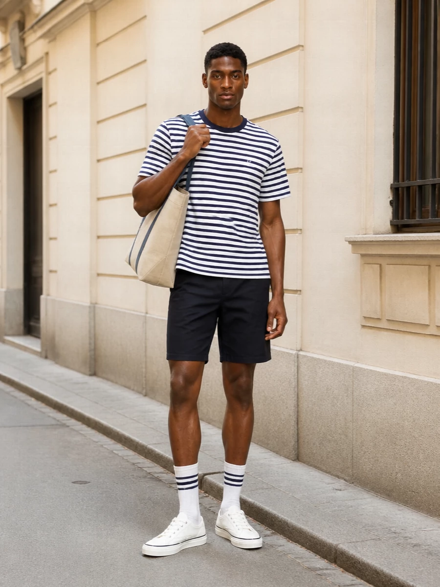 A clean navy and white story keeps this outfit sharp yet easy, with the Breton tee grounded by simple navy chino shorts. Off-white canvas sneakers and a tonal canvas tote keep everything light and summery while the striped socks quietly echo the top for a considered, coastal preppy finish.