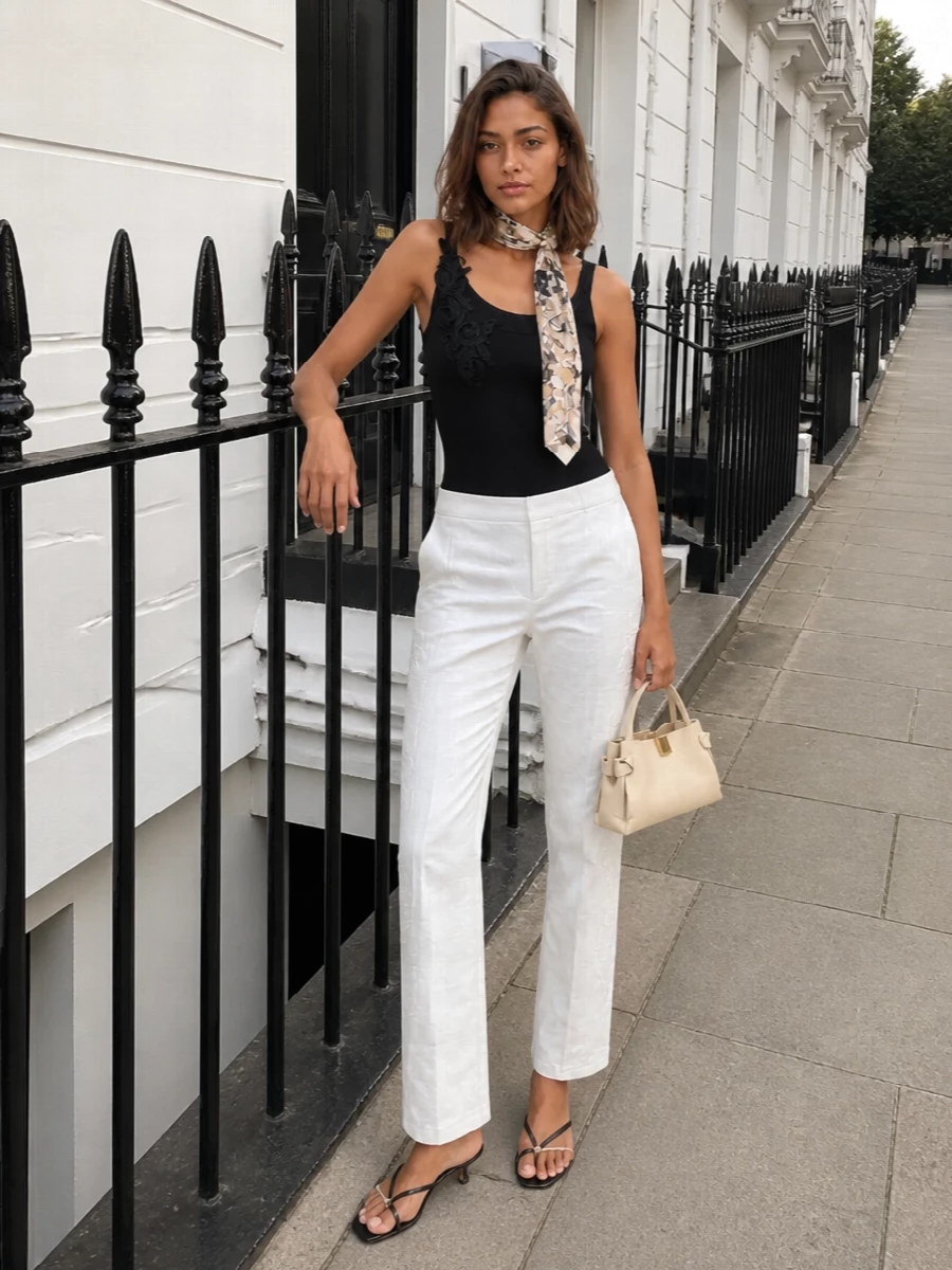 Ermanno Firenze’s black floral-strap tank is softened with tailored ivory trousers for a quiet, modern take on monochrome. A blush-accent Ferragamo mule and buttercream Yuzefi top-handle keep the mood light and feminine rather than severe. A cream and black silk twilly finishes the outfit with an understated graphic touch that echoes the top without overwhelming it.