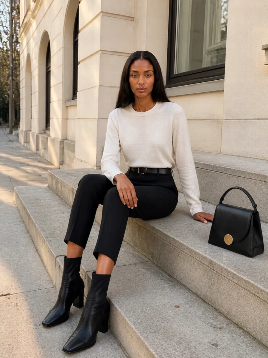 Jil sander black trouser ivory top outfit