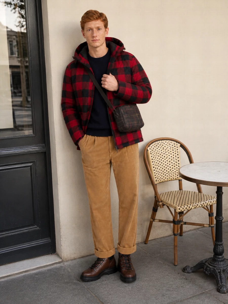 Woolrich parka corduroy trousers hiking boots