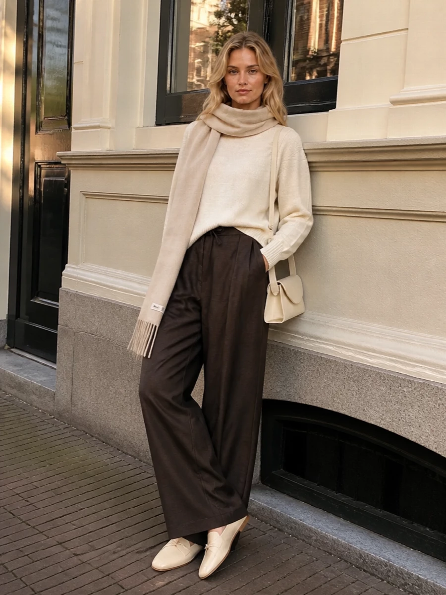 Loulou studio cream sweater brown wide leg trousers
