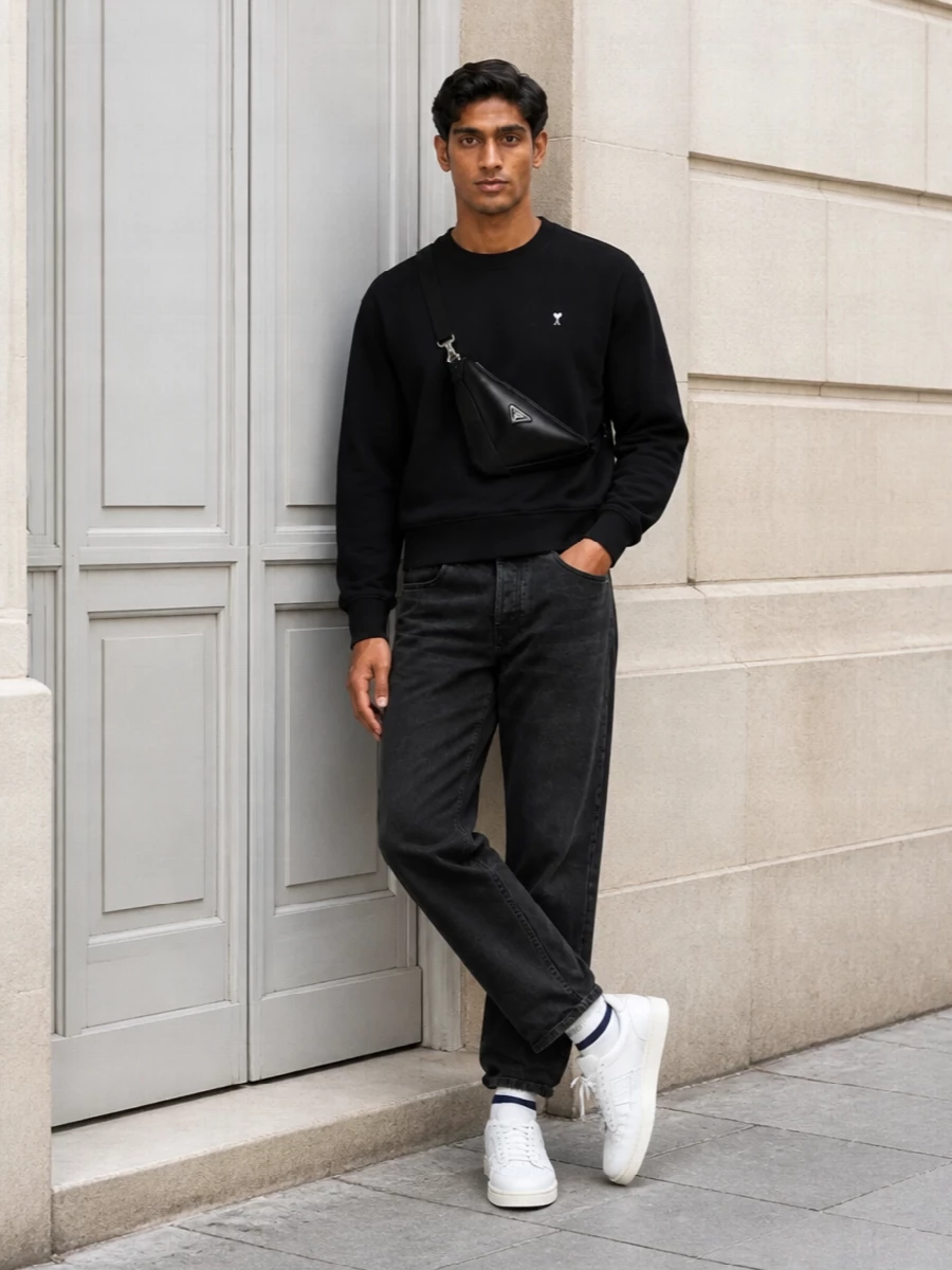 Ami paris black sweatshirt jeans prada bag outfit