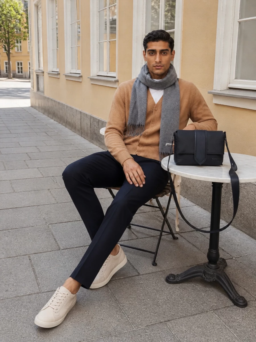 Ami paris camel cardigan navy trousers outfit