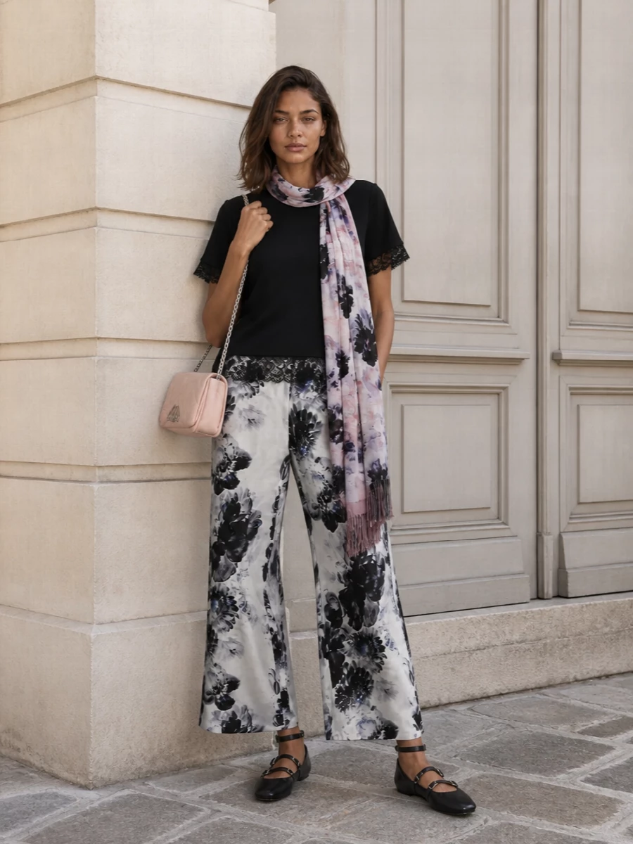 Mcqueen black lace top floral wide leg trousers