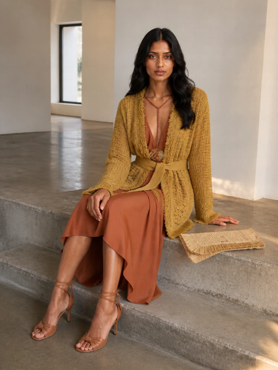 I am styling the cardigan over the terracotta halter dress rather than building a separate top and bottom, so the knit wrap becomes a soft, bohemian outer layer for warm nights. The result is a cohesive earth-toned story where texture and fringe do the talking, grounded by slim tan heels and a raffia clutch that echo the artisanal mood without competing with it. It feels like destination-dinner dressing that still works back in the city.