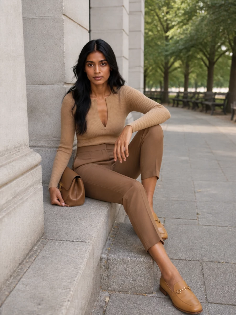 Max mara camel knit tailored trousers outfit