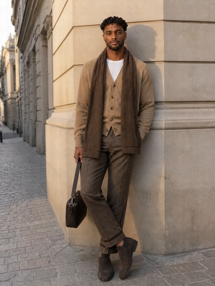 Maison margiela camel cardigan herringbone trousers