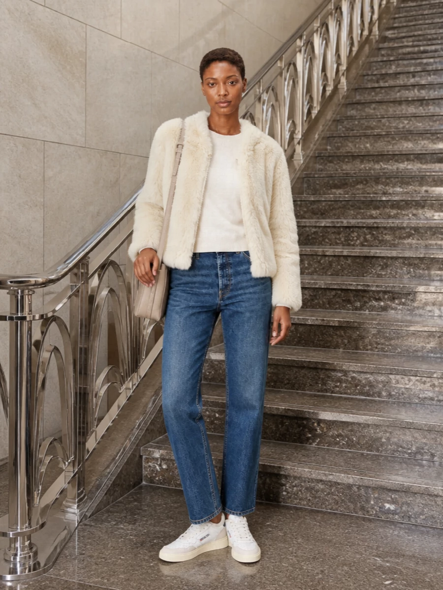 Frankie shop faux fur jacket jeans autry sneakers