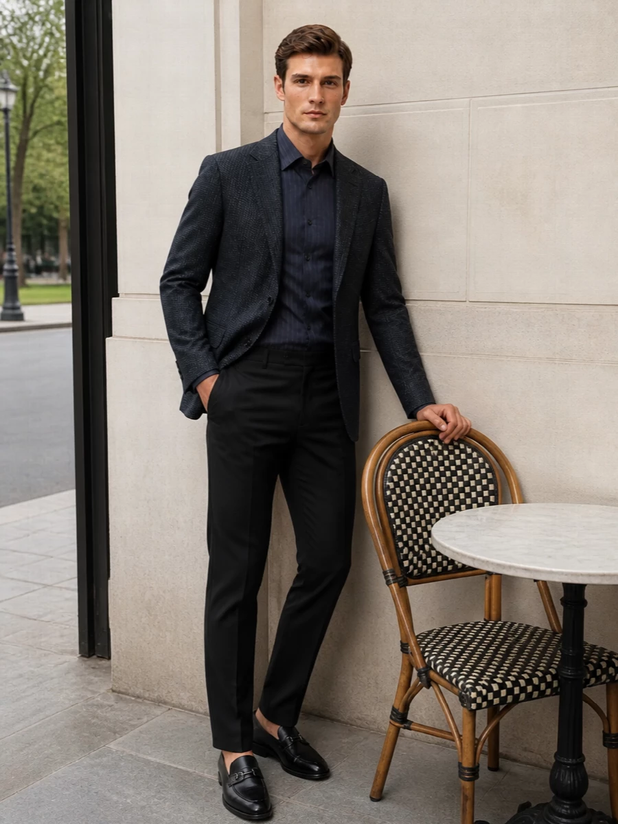Zegna navy blazer charcoal trousers loafers