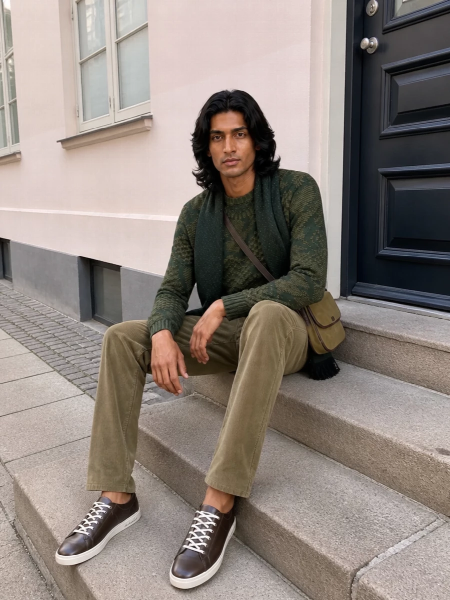 Etro green sweater corduroy trousers outfit