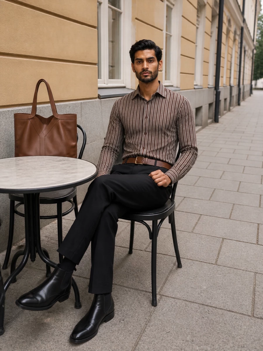 Saint laurent brown striped shirt black trousers