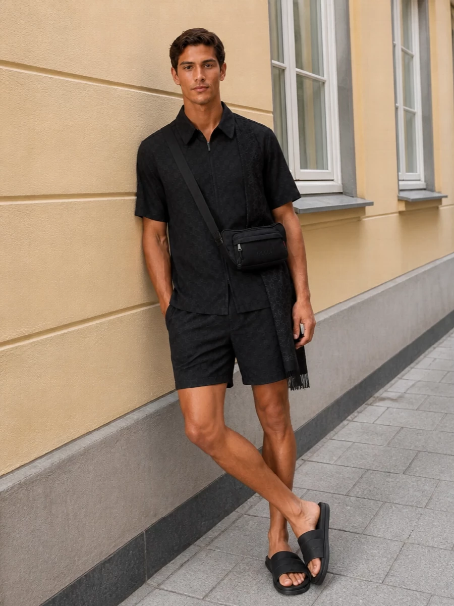 Gucci black monogram shirt swim shorts outfit