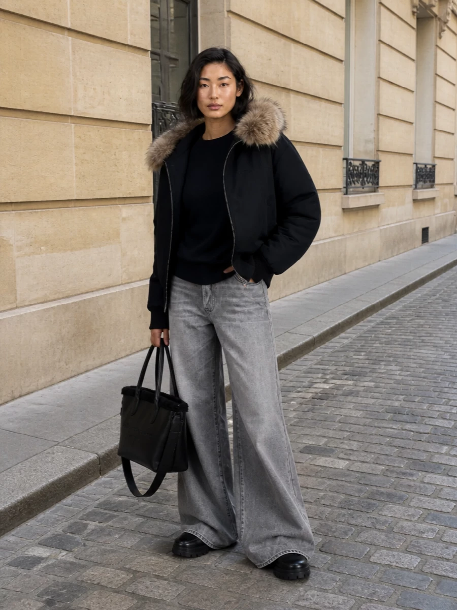 Acne parka wide leg jeans winter boots