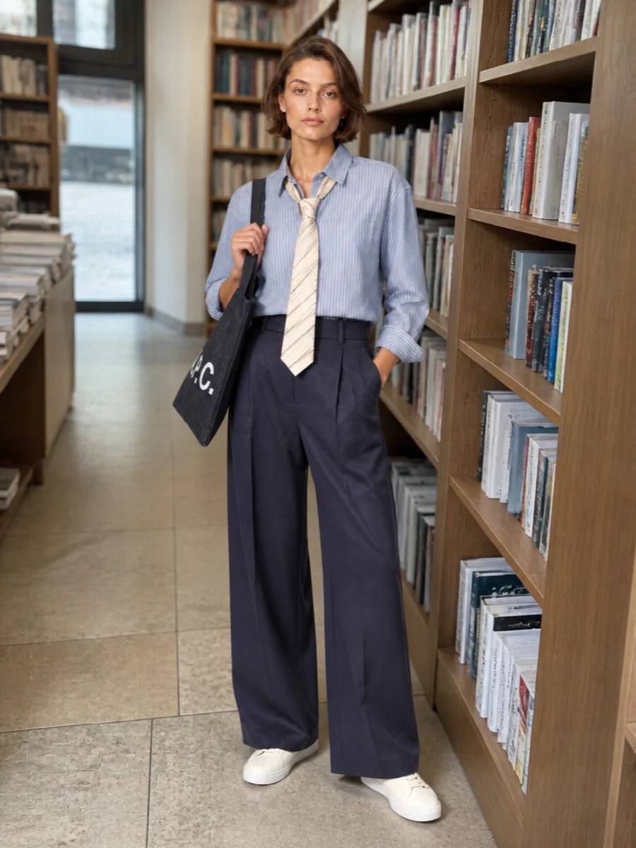 Dunst striped shirt navy wide leg trousers outfit