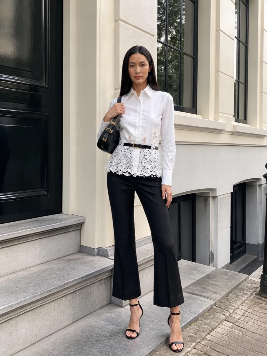 Ermanno scervino satin trousers lace shirt outfit