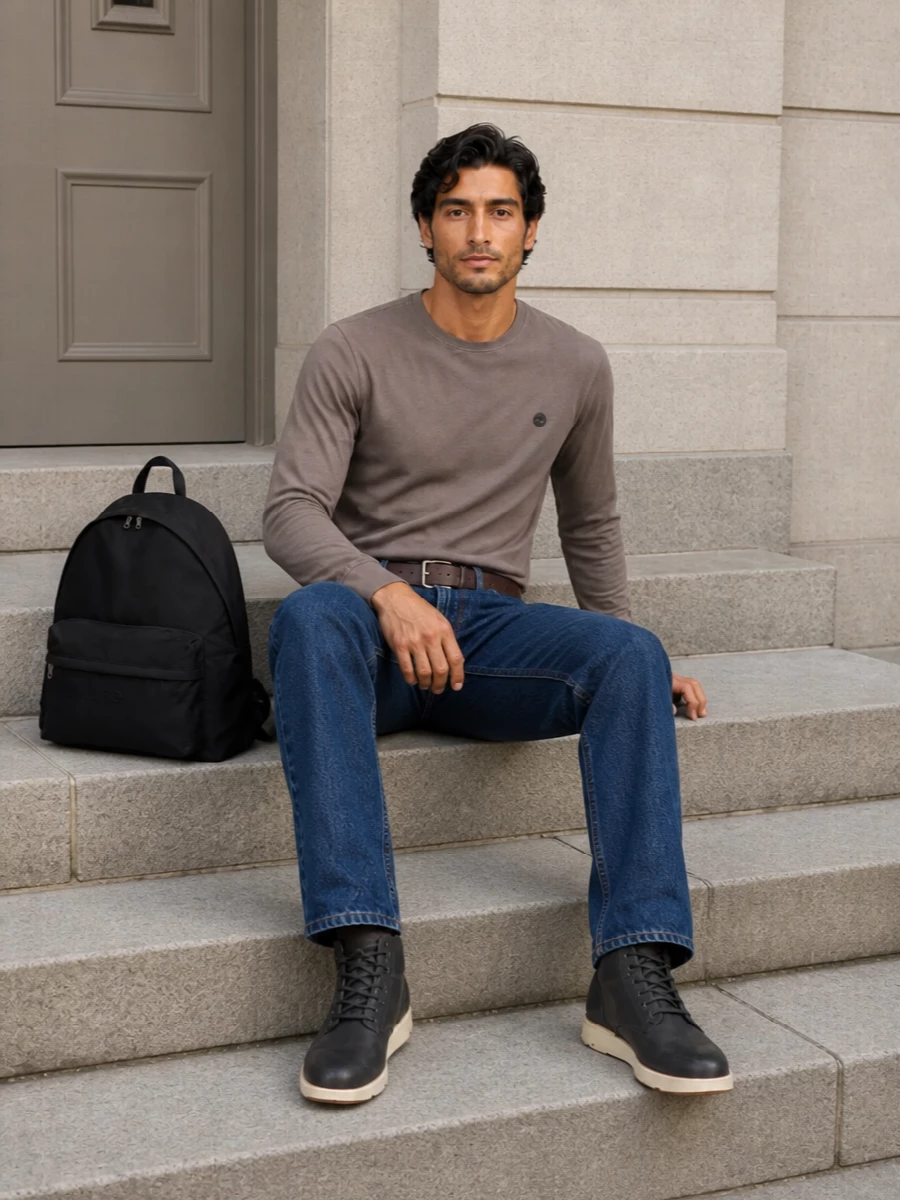 Timberland taupe tee apc dark jeans outfit