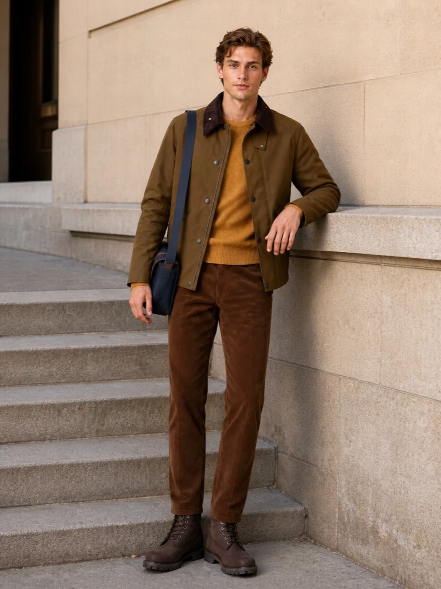 Barbour jacket corduroy trousers boots outfit