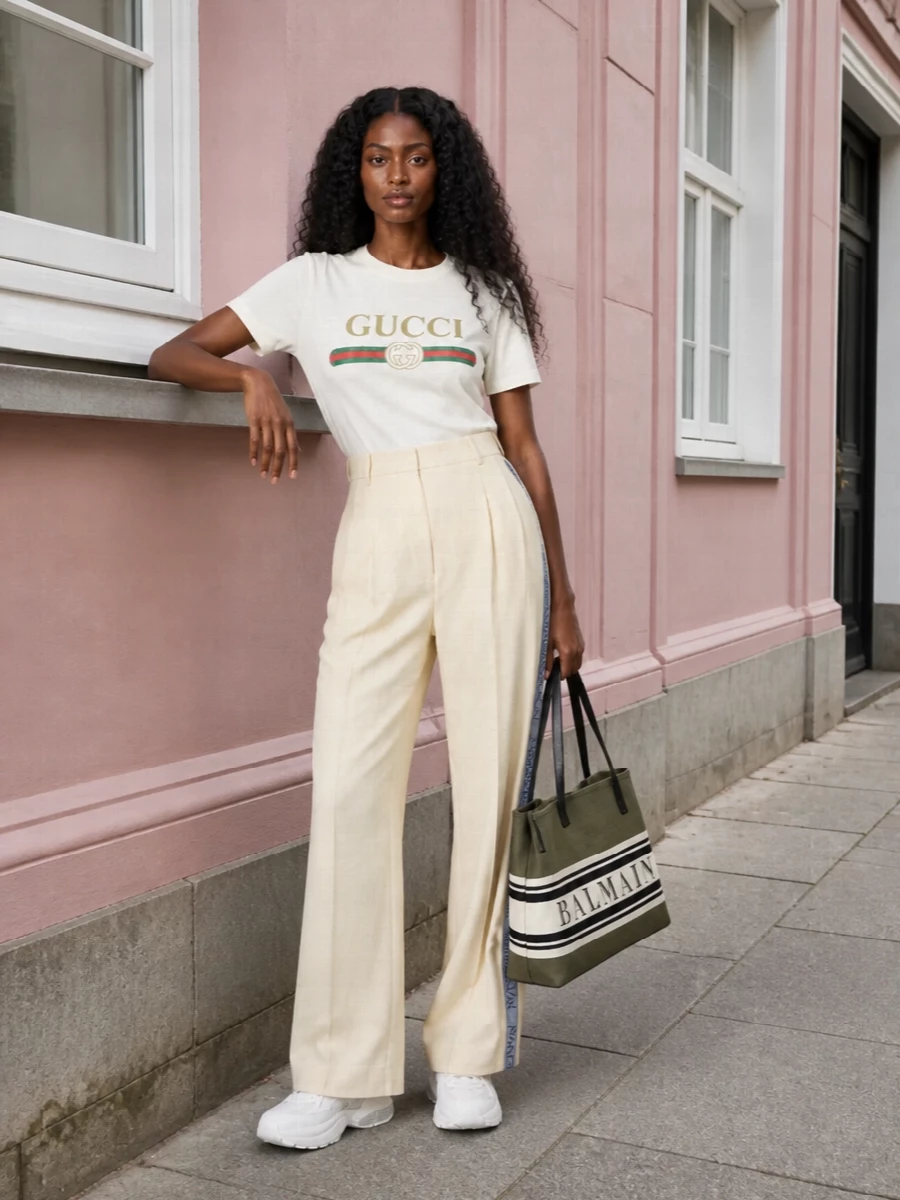 A Gucci logo tee meets directional wide-leg tailoring in buttercream for a relaxed, high-waisted silhouette that feels sporty yet considered. Chunky white sneakers ground the volume, while an olive Balmain tote adds a graphic, logo-driven punch that still sits in a refined neutral palette.