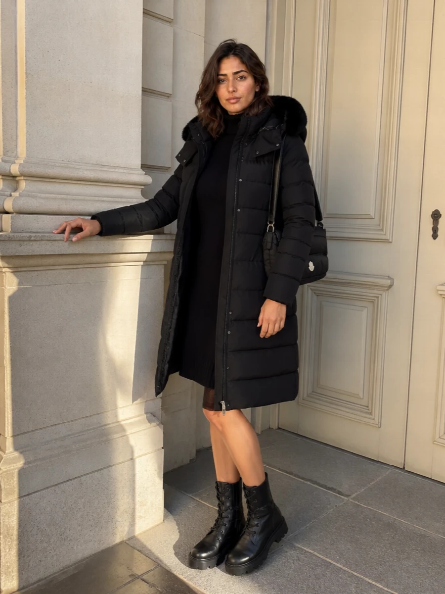 Moncler sweater dress black puffer outfit