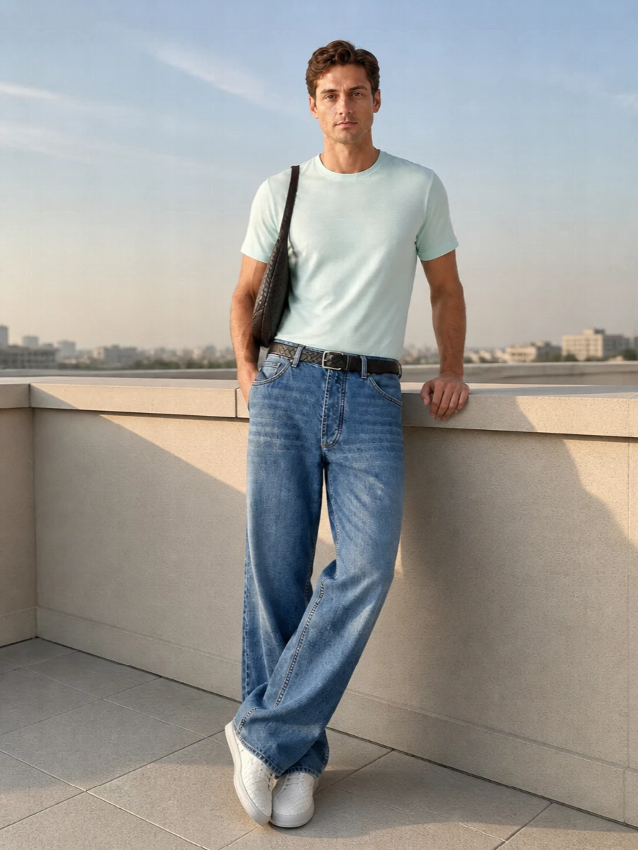 Bottega veneta wide leg jeans mint tee ivory sneakers
