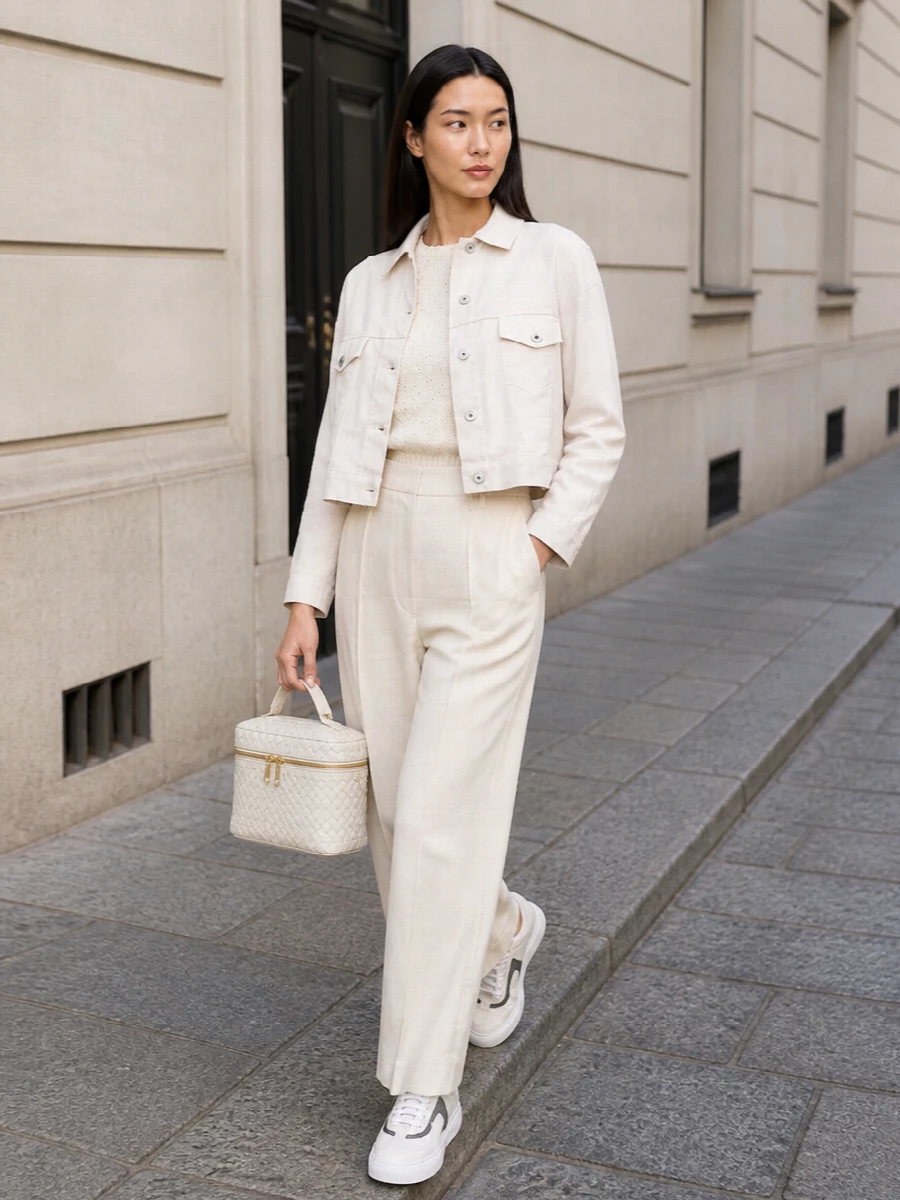 Brunello cucinelli ivory jacket wide leg pants outfit