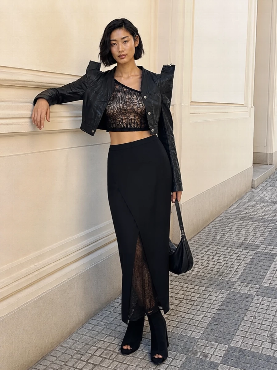 Rick owens leather jacket column skirt outfit